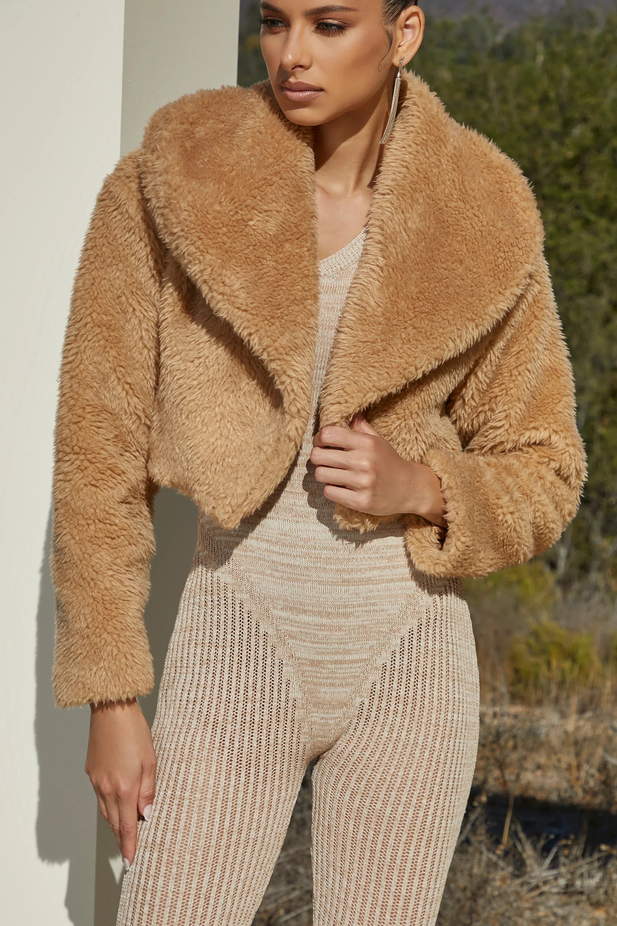 Cropped Oversized Collar Teddy Jacket in Tan