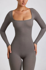 Ribbed Modal Long Sleeve Jumpsuit in Grey