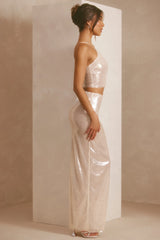 Sheer Sequin Mid Rise Maxi Skirt in White