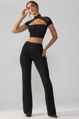 Mesh Mid Rise Twist Overlay Flare Trousers in Black