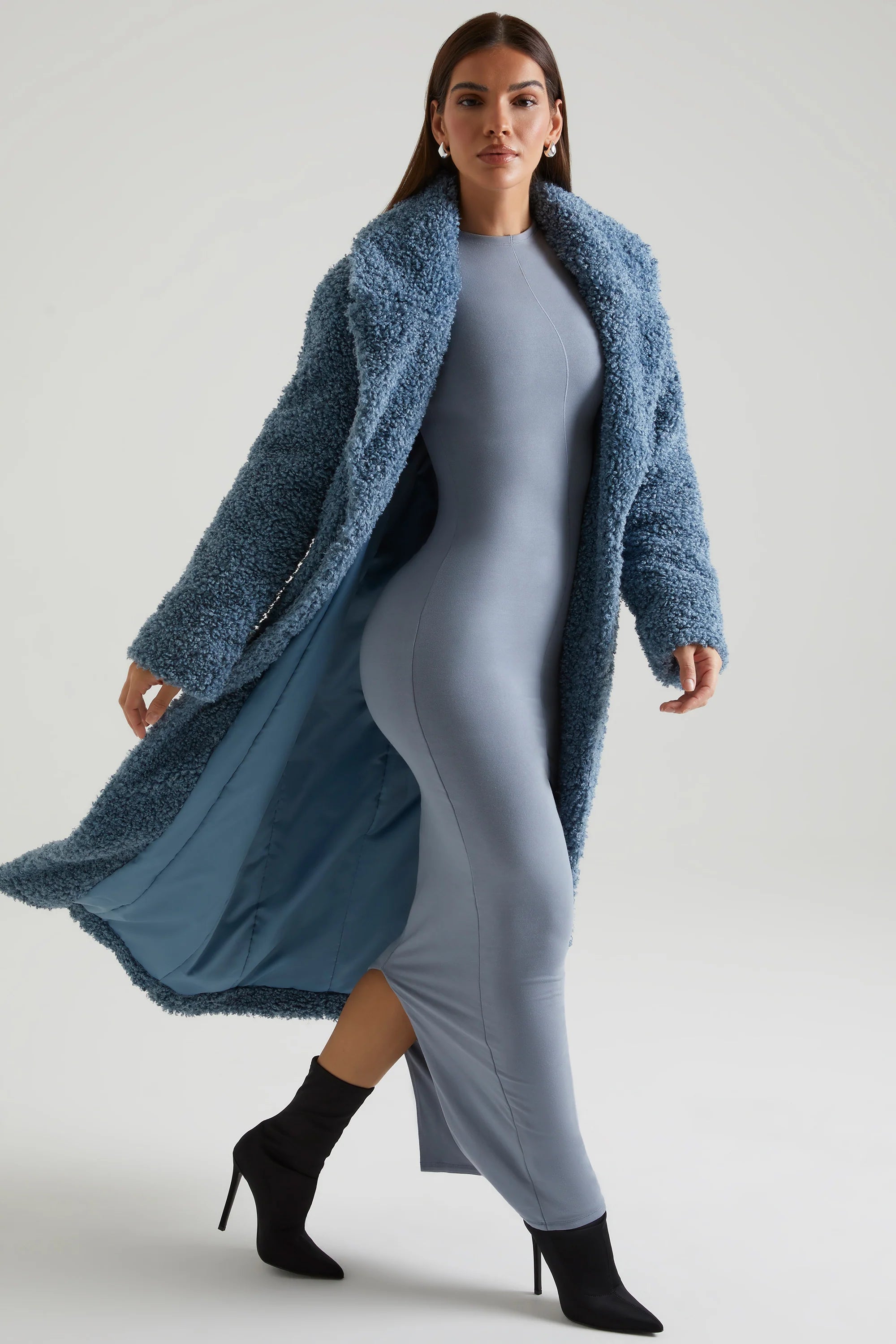 Cappotto lungo in shearling in blu