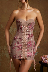 Lace Up Corset Bandeau Micro Mini Dress in Beige Print