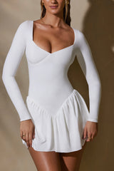 Long Sleeve Layered A-Line Mini Dress in White