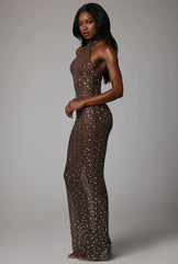 Sheer Embellished High Neck Evening Gown in Deep Cocoa