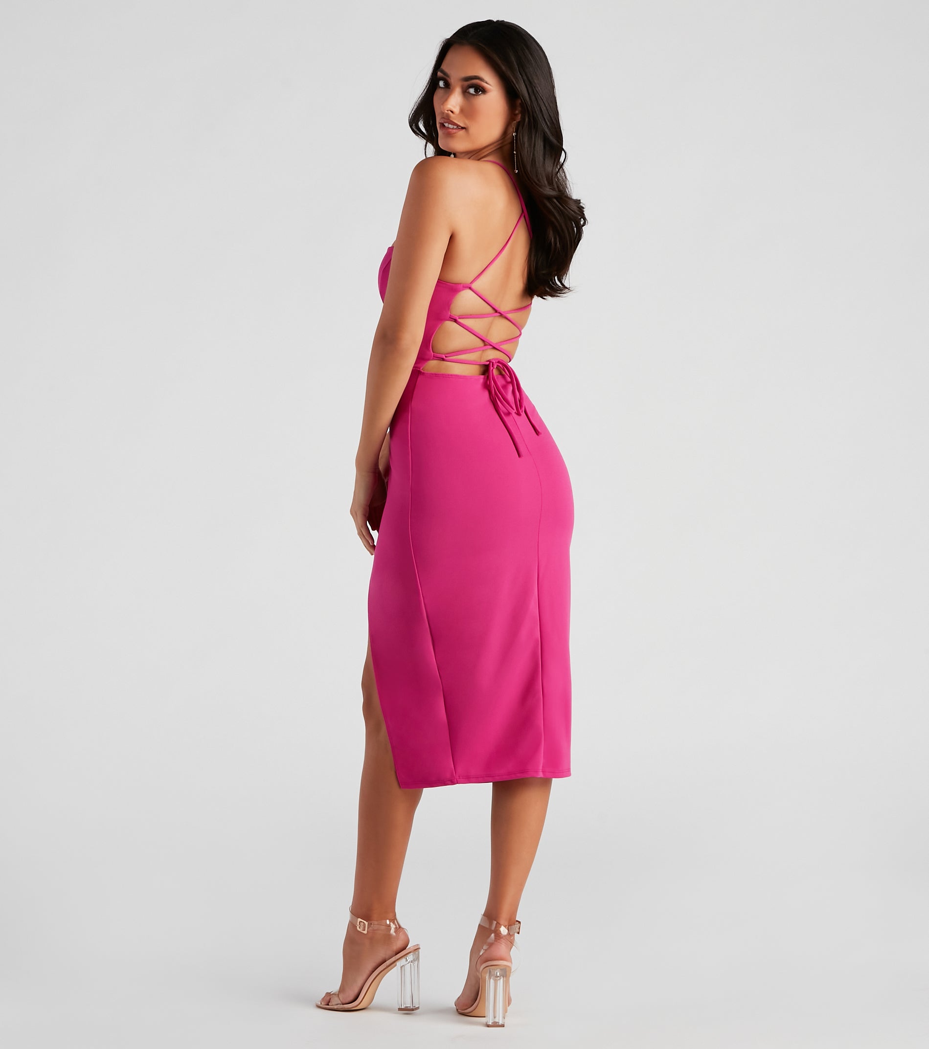 Henley Formal Lace-Up Midi Dress creates the perfect summer wedding guest dress or cocktail party dresss with stylish details in the latest trends for 2023!