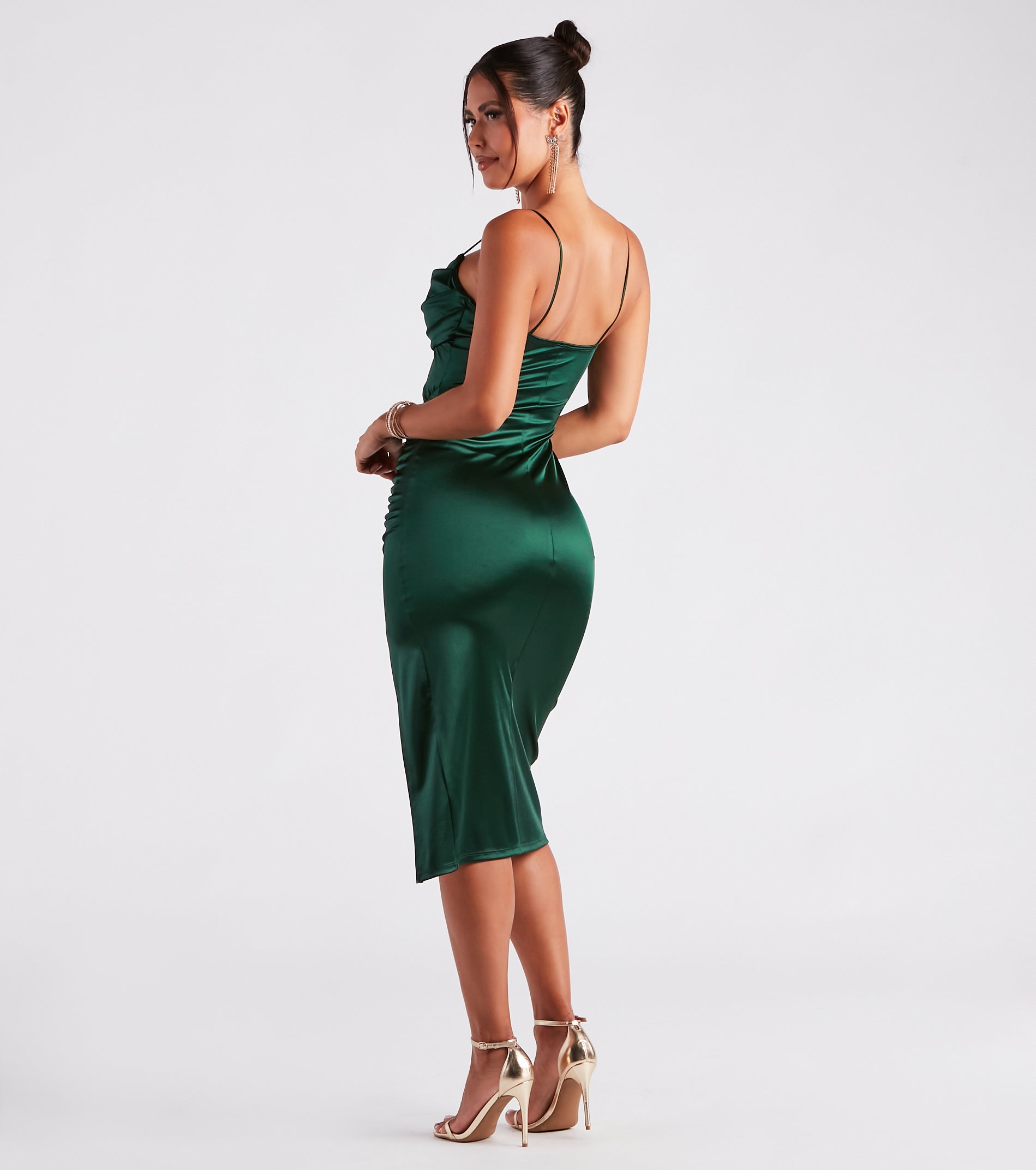 The Kristen Formal Satin Cowl Neck Midi Dress as your wedding guest dress with a stylish neckline and/or sleeves and elevated details on the back and front will make you the best dressed at any event!