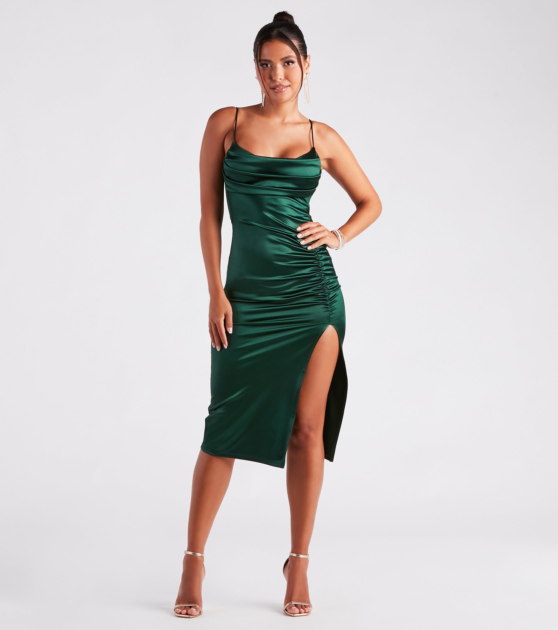 The Kristen Formal Satin Cowl Neck Midi Dress as your wedding guest dress with a stylish neckline and/or sleeves and elevated details on the back and front will make you the best dressed at any event!