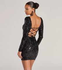 Janine Lace-Up Long Sleeve Bodycon Sequin Mini Dress