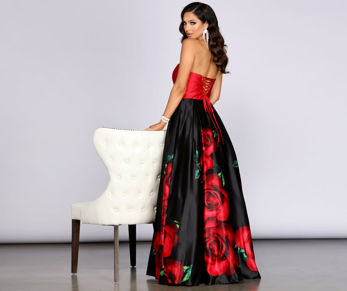 Macie Strapless Rose Ball Gown is a stunning choice for a bridesmaid dress or maid of honor dress, and to feel beautiful at Prom 2023, spring weddings, formals, & military balls!