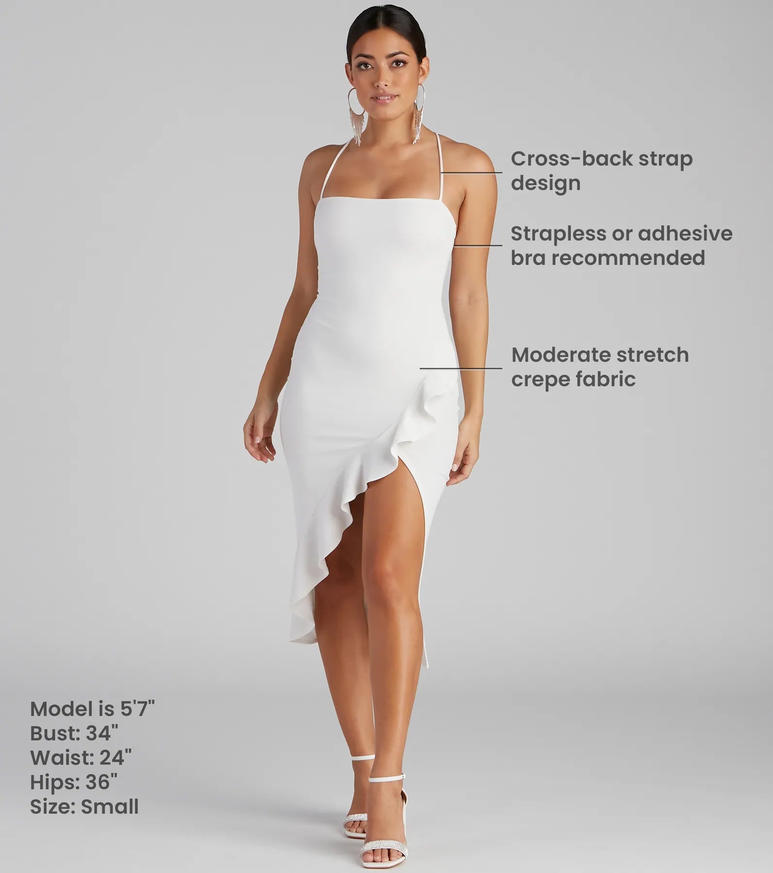 The midi dress length on the Add Some Flair Ruffle Detail Midi Dress provides an elevated silhouette perfect for any party, occasion, or everyday styling.