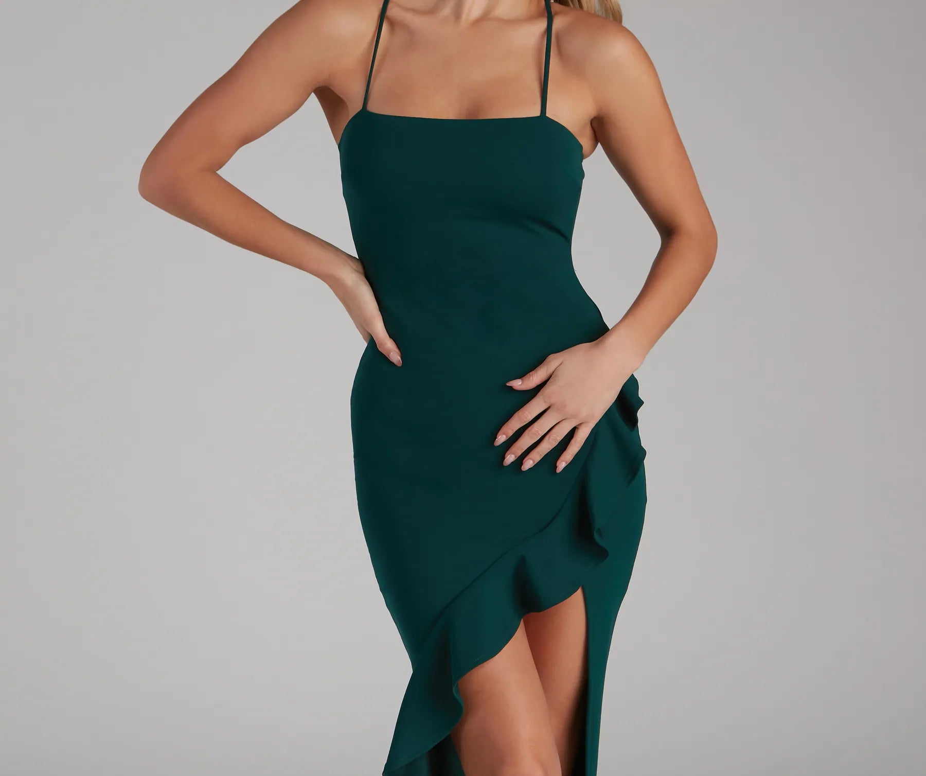 The midi dress length on the Add Some Flair Ruffle Detail Midi Dress provides an elevated silhouette perfect for any party, occasion, or everyday styling.