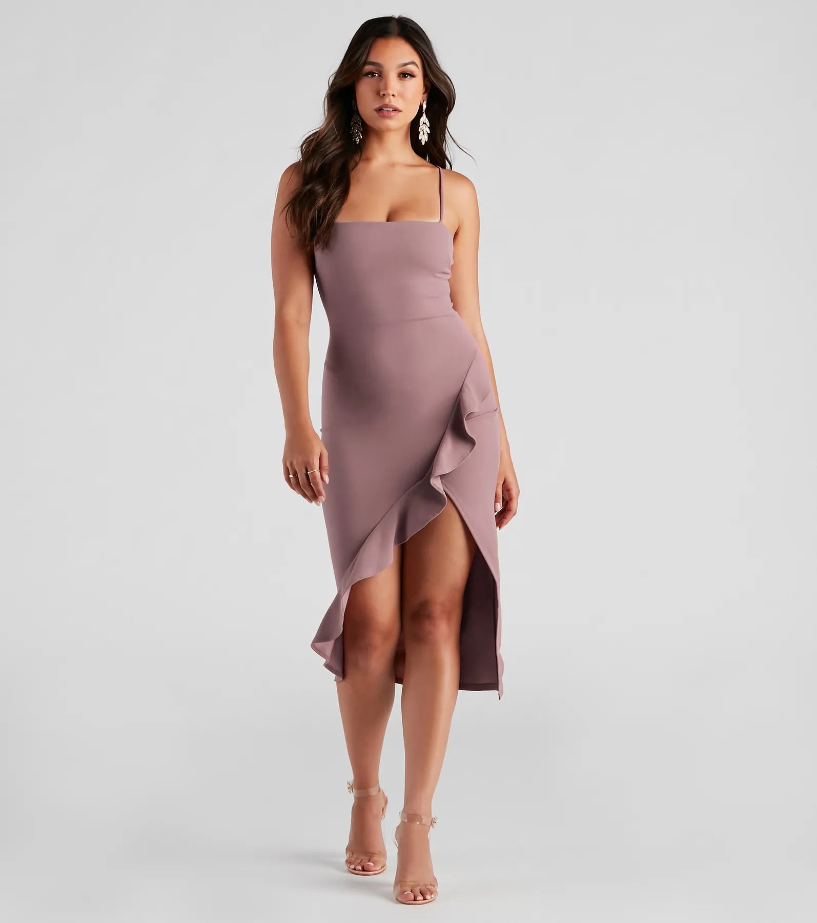 The midi dress length on the Add Some Flair Ruffle Detail Midi Dress provides an elevated silhouette perfect for any party, occasion, or everyday styling.