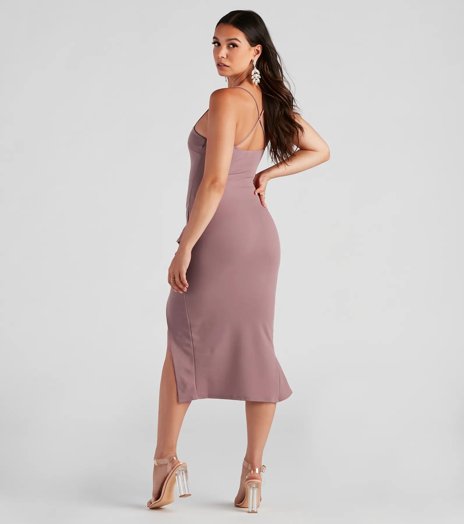 The midi dress length on the Add Some Flair Ruffle Detail Midi Dress provides an elevated silhouette perfect for any party, occasion, or everyday styling.