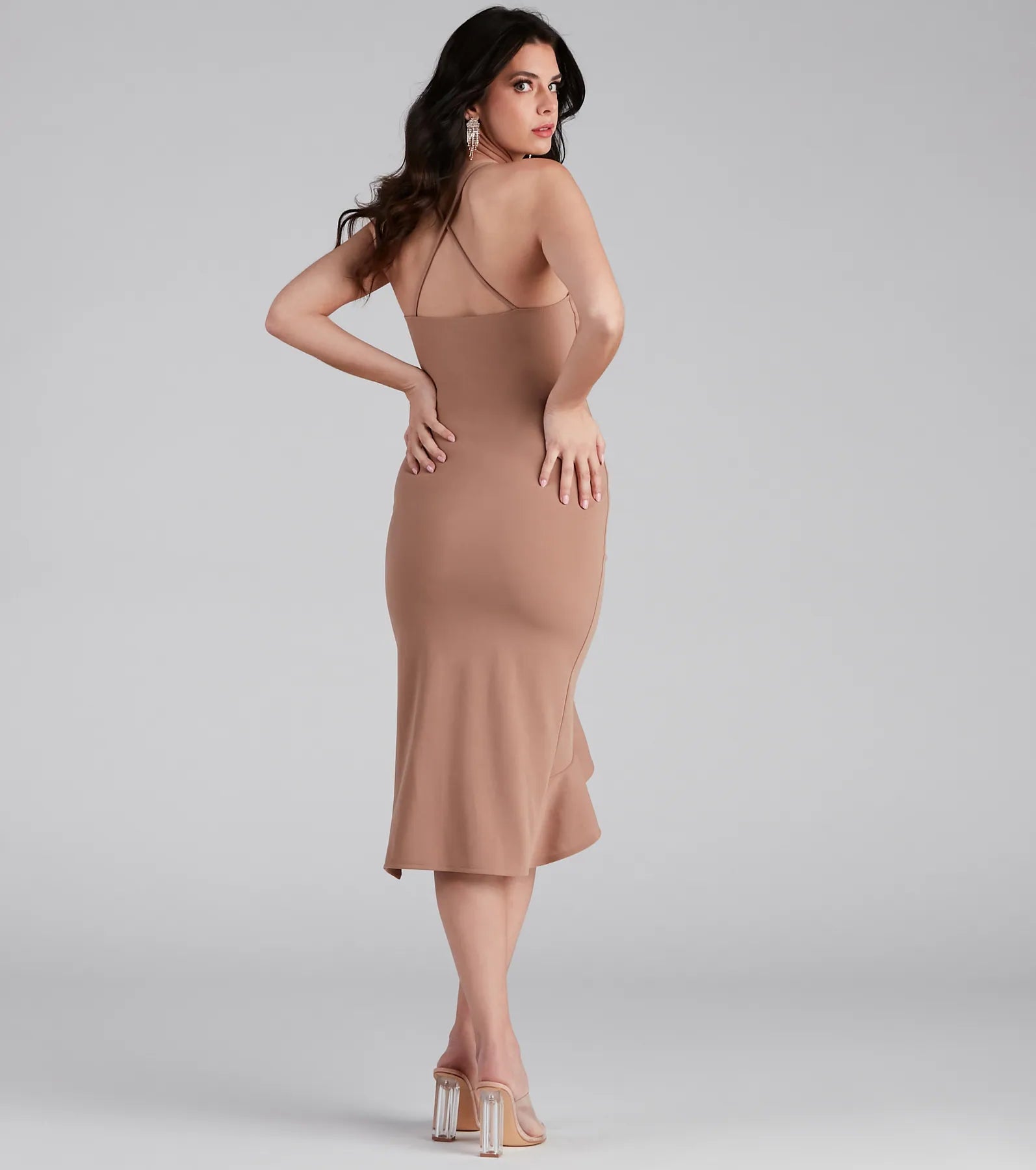 The midi dress length on the Add Some Flair Ruffle Detail Midi Dress provides an elevated silhouette perfect for any party, occasion, or everyday styling.