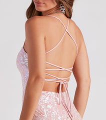 Glam Princess Lace-Up Sequin Mini Dress is a gorgeous pick as your 2024 prom dress or formal gown for wedding guests, fall bridesmaids, or army ball attire!