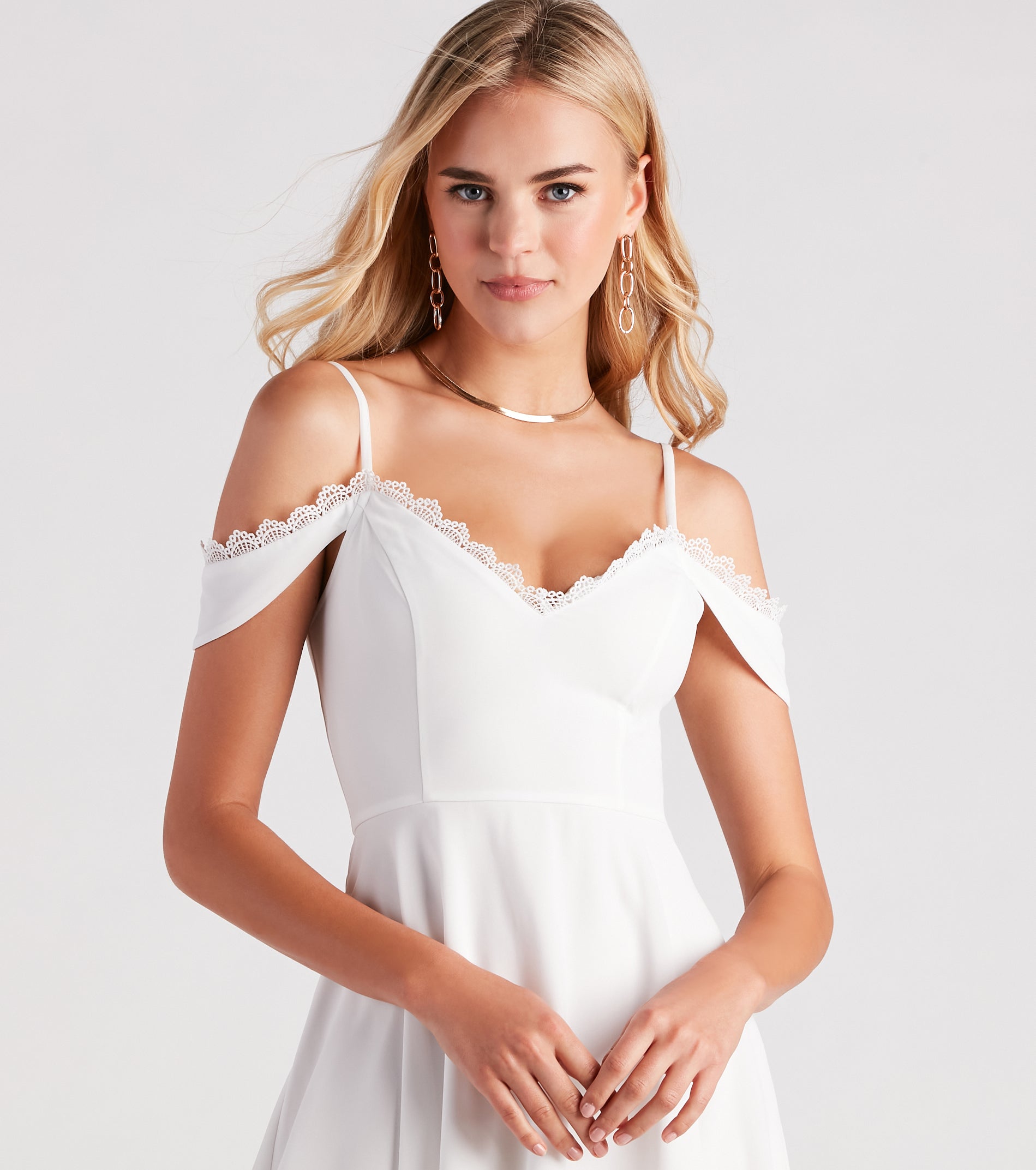 Essential for vacations or summer days, the Flow My Way Chiffon Lace Trim Skater Dress is a sundress or milkmaid dress with sleek and flirty details.