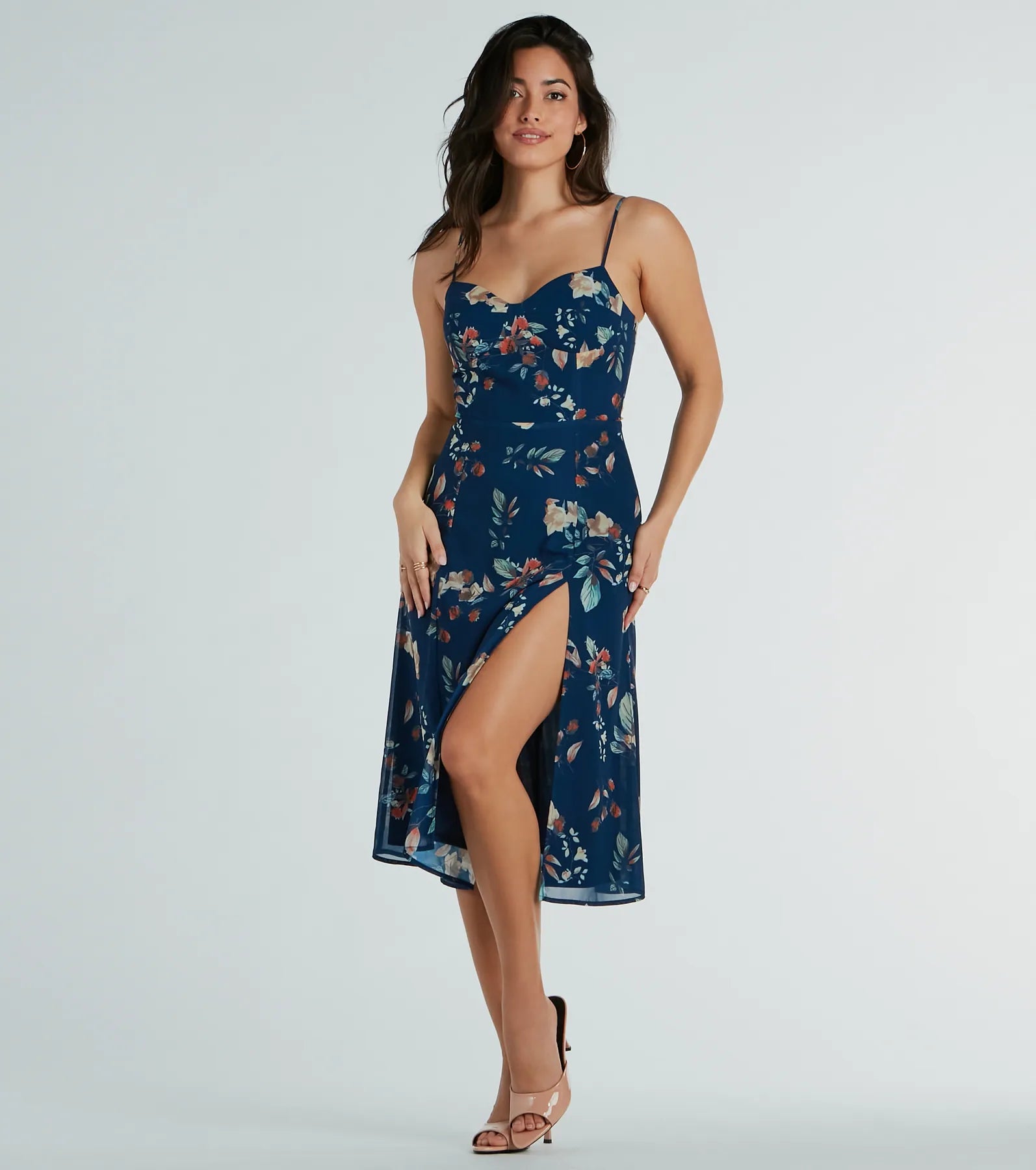 The midi dress length on the Garden Chic Floral Chiffon Midi Dress provides an elevated silhouette perfect for any party, occasion, or everyday styling.