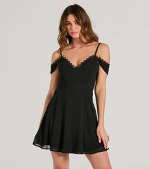 Essential for vacations or summer days, the Flow My Way Chiffon Lace Trim Skater Dress is a sundress or milkmaid dress with sleek and flirty details.