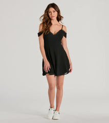 Essential for vacations or summer days, the Flow My Way Chiffon Lace Trim Skater Dress is a sundress or milkmaid dress with sleek and flirty details.