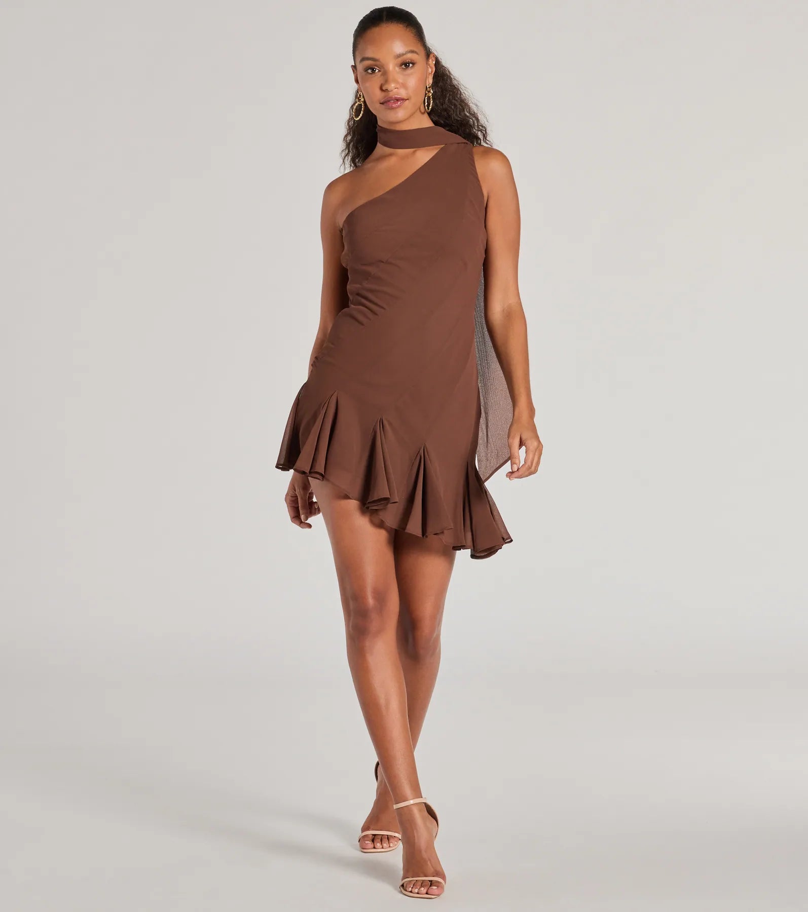 Sleek And Elevated Chiffon Scarf Neck Mini Dress