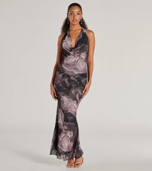 Drama-Worthy Abstract Floral Mesh Maxi Dress