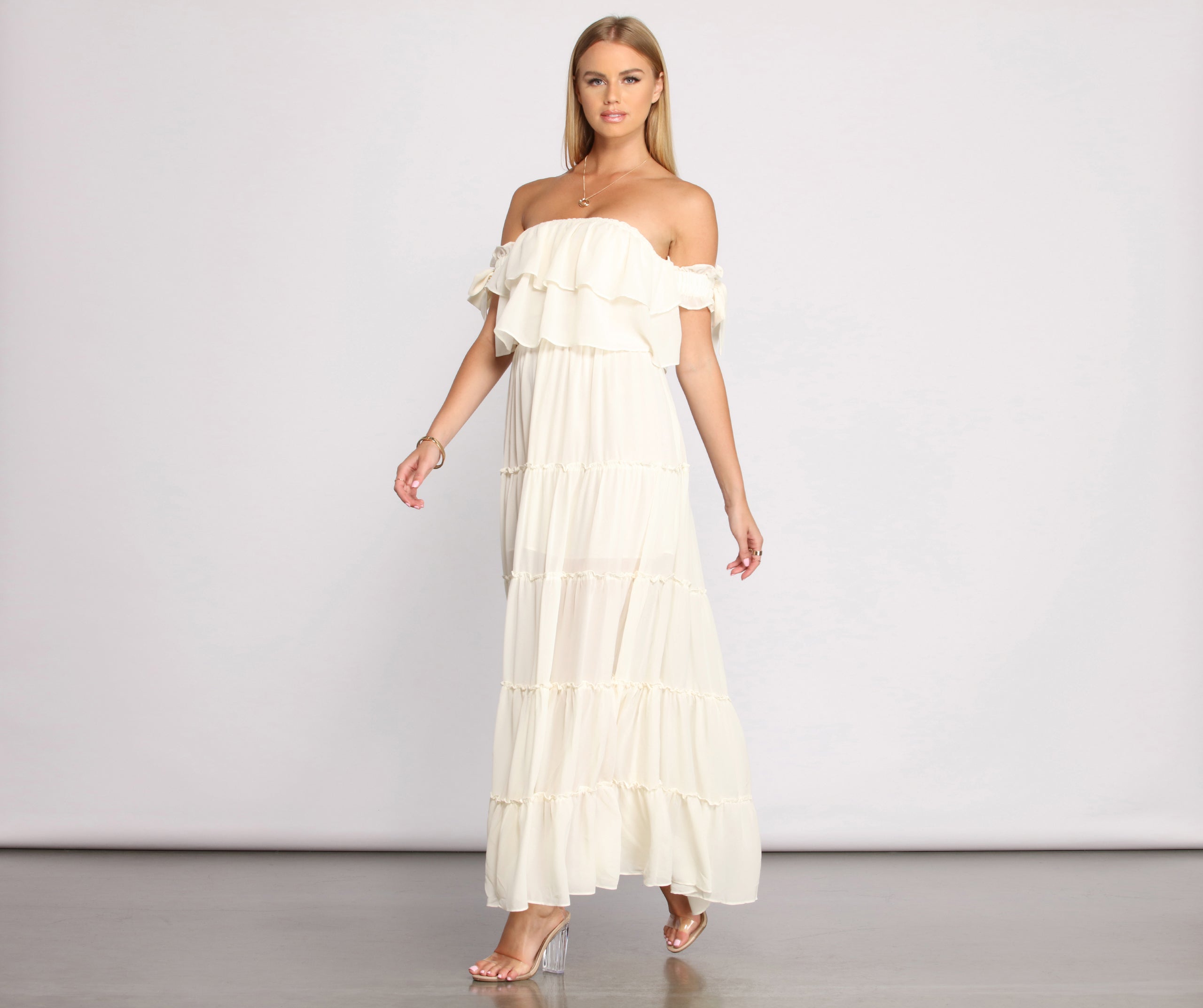 Ruffled Romance Off The Shoulder Maxi Dress