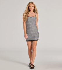 Adorably Chic Lace Trim Plaid Mini Dress