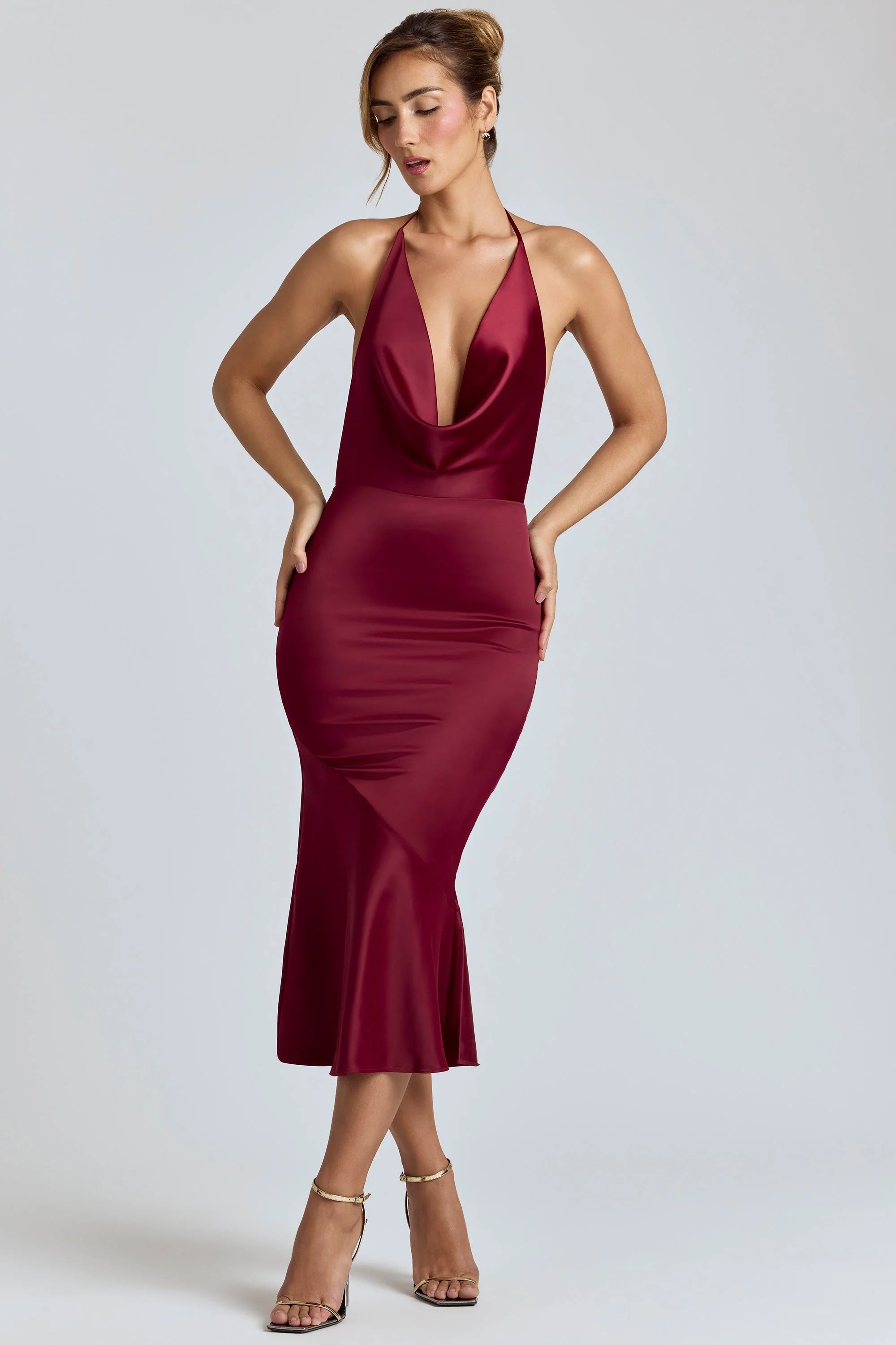 Cowl-Neck Satin Midaxi Dress in Burgundy