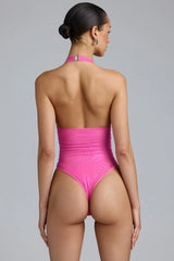 Metallic Halterneck Bodysuit in Bubblegum Pink