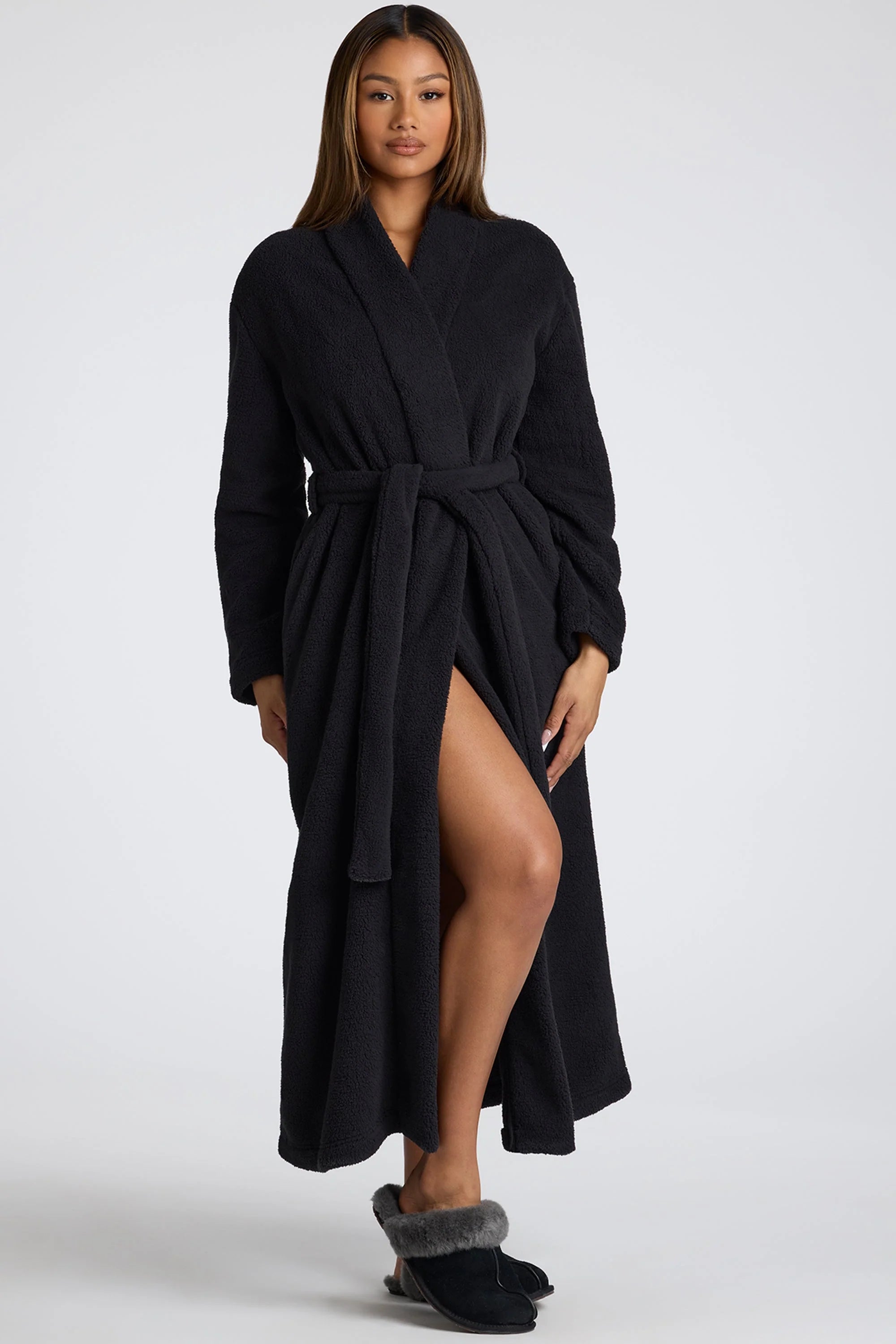 Tie Front Fleece Robe in Black