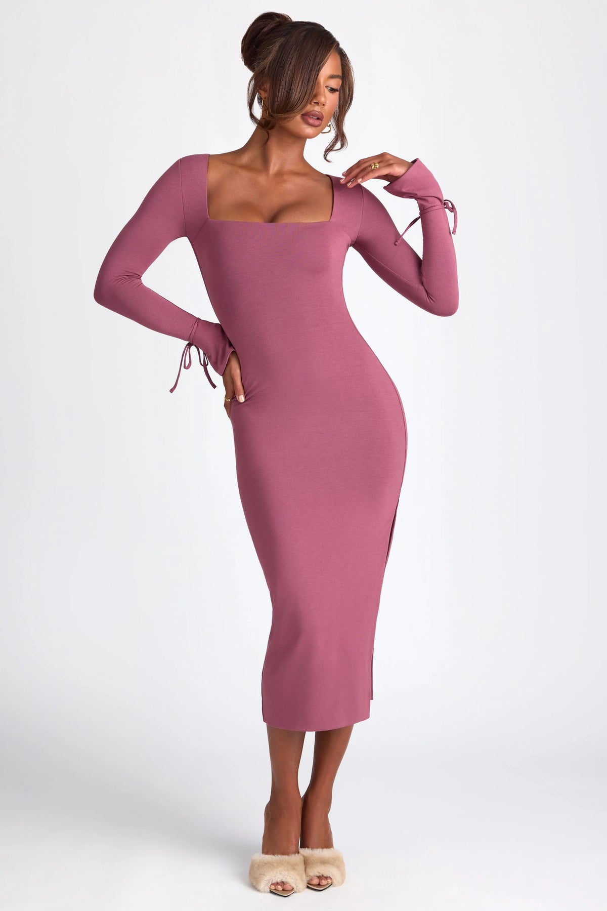 Modal Square Neck Long Sleeve Midaxi Dress in Plum