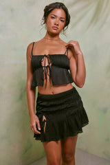 Shirred Tie Up Front Crop Top in Black