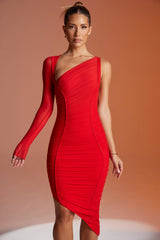 Asymmetric Single Sleeve Midi Dress in Red