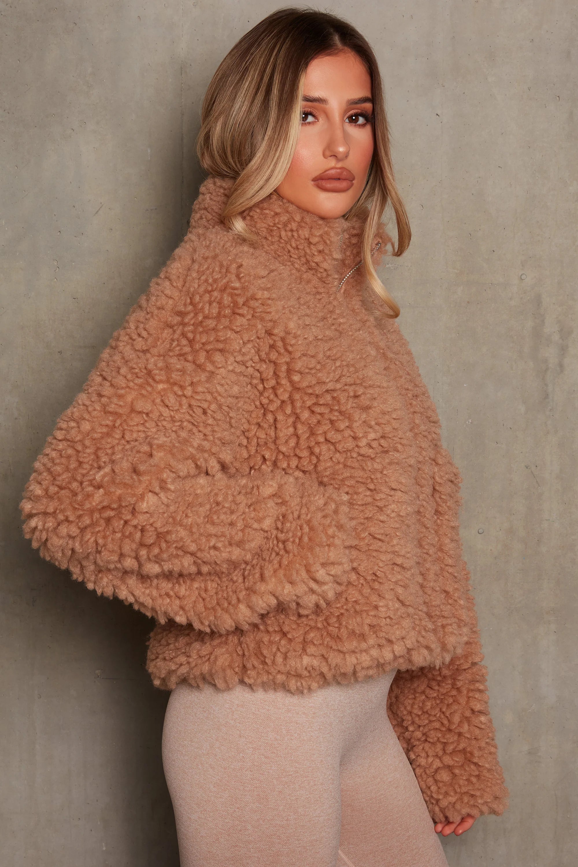 Oversized Boucle Teddy Coat in Camel