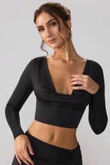 Slinky Jersey-Crop-Top mit tiefem Ausschnitt und langen Ärmeln in Schwarz