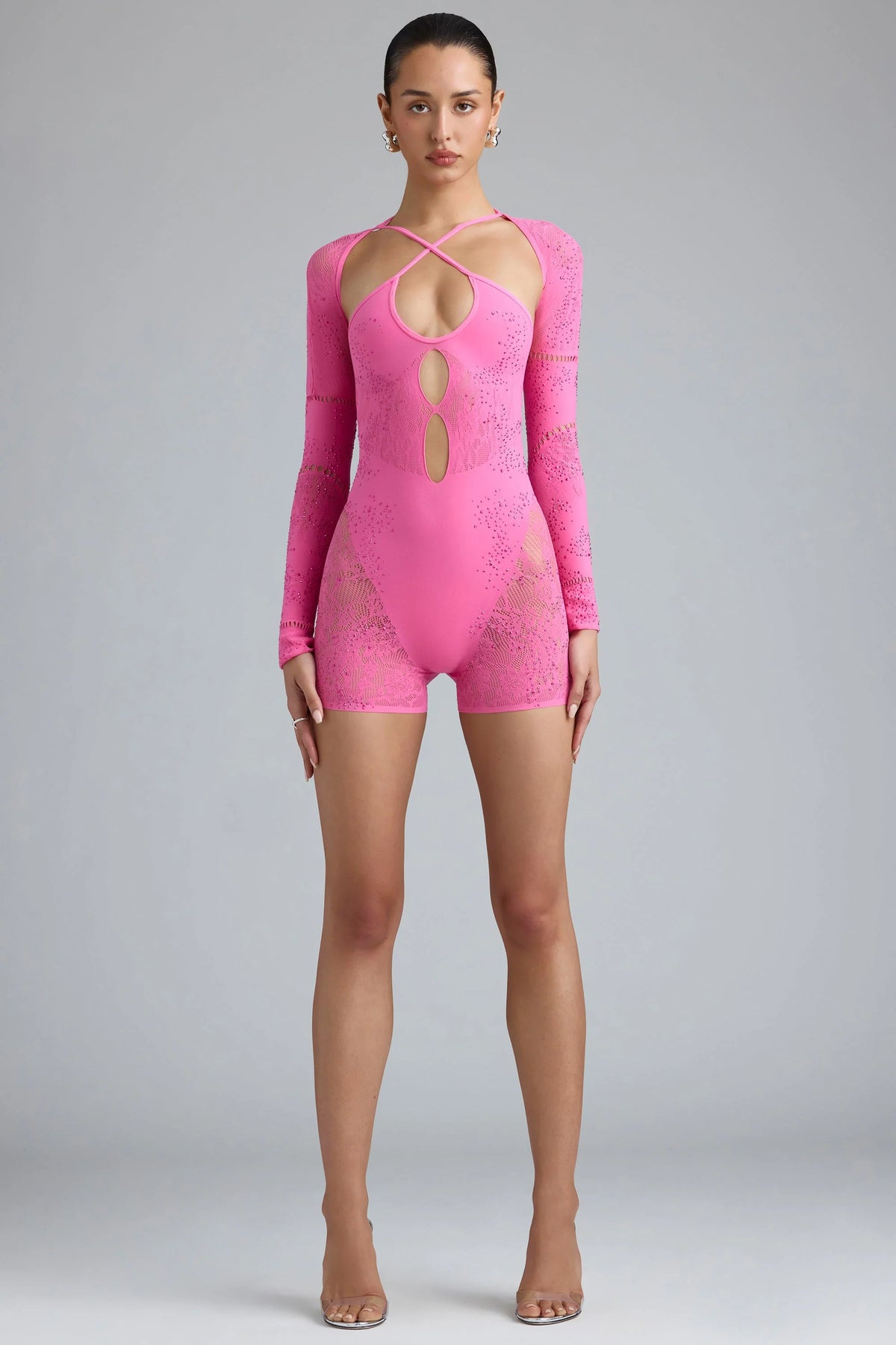 Embellished Cut-Out Unitard in Bubblegum Pink