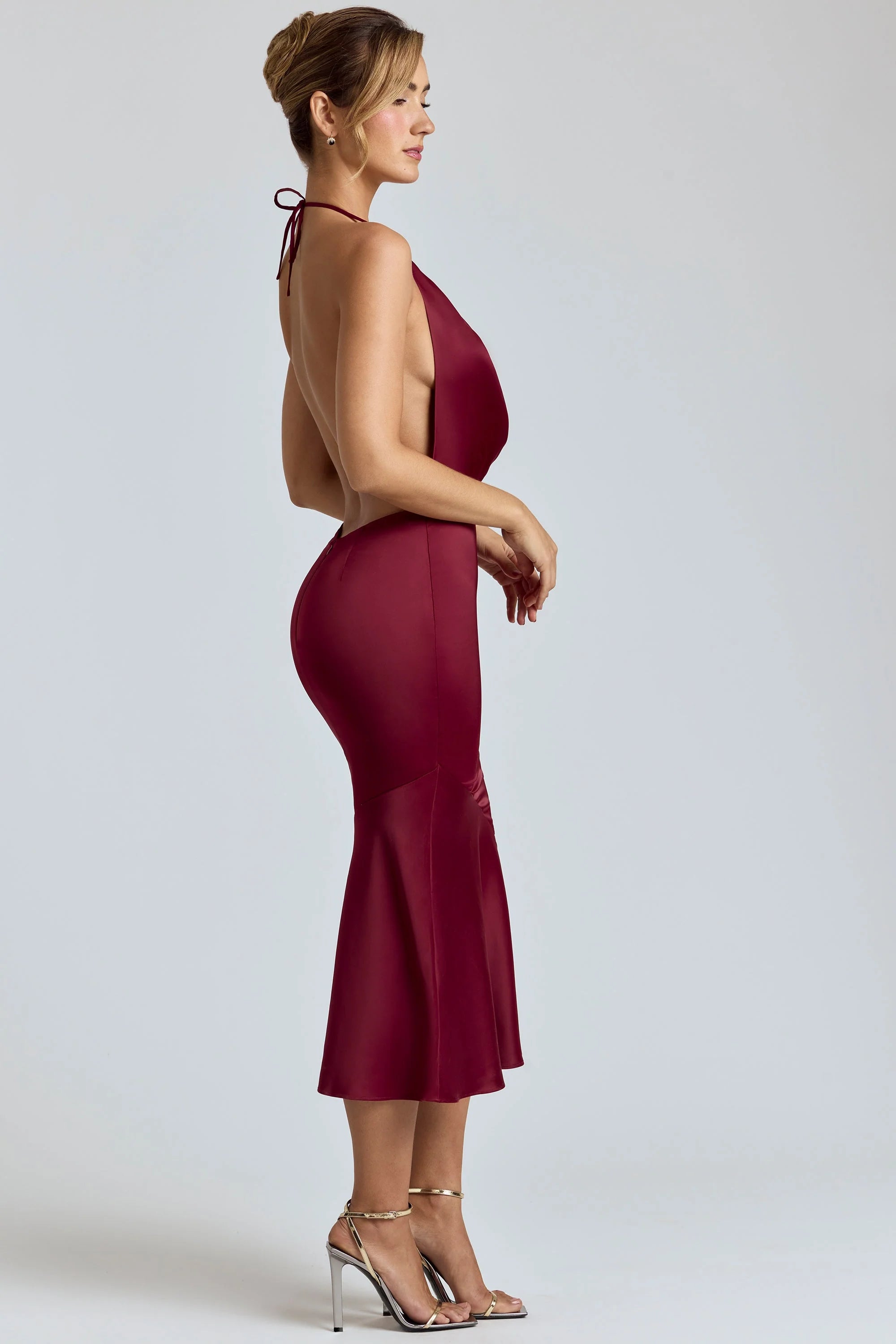 Cowl-Neck Satin Midaxi Dress in Burgundy