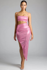 Drapiertes Maxikleid aus Metallic-Jersey in Rosa