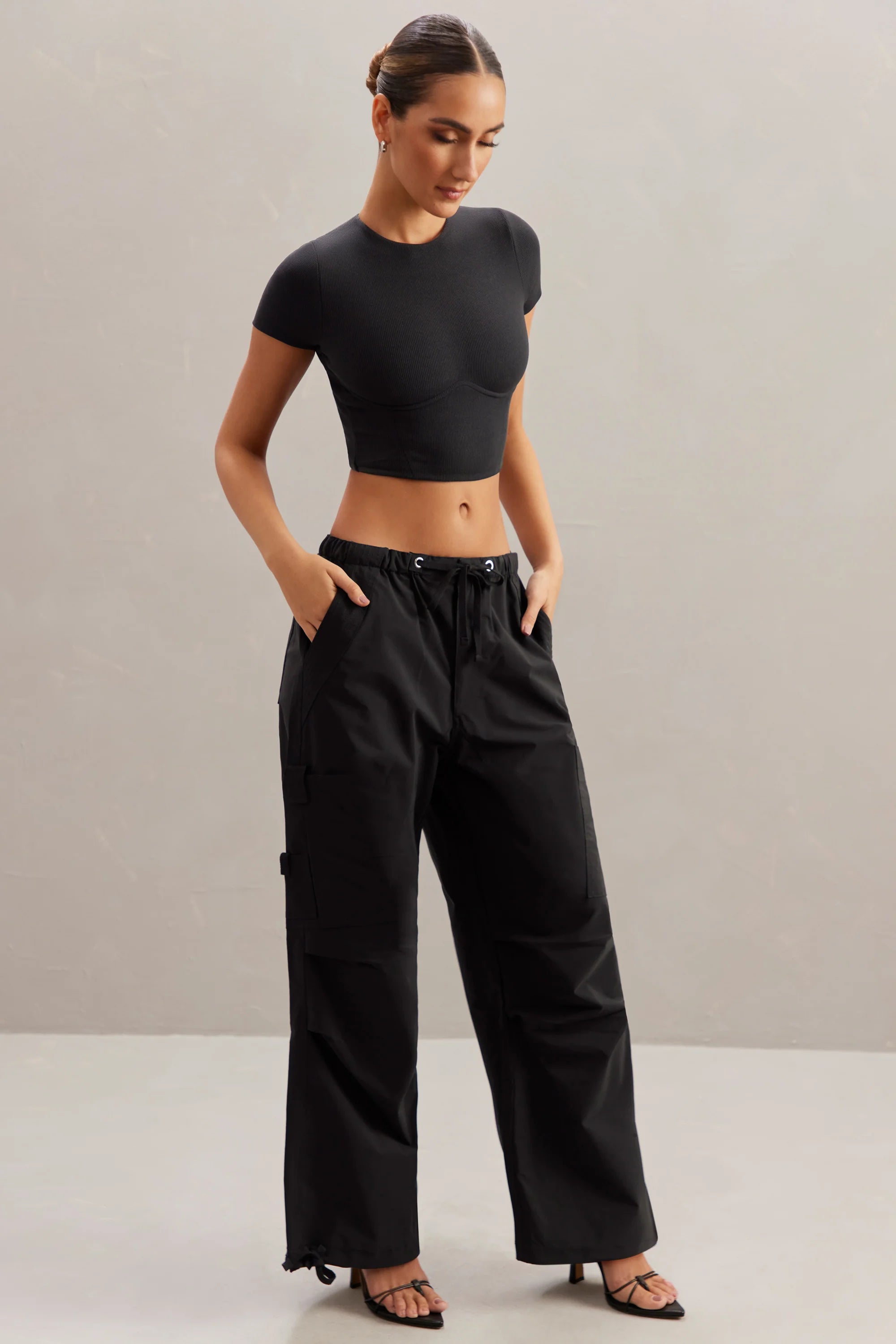 Wide Leg Cargo Trousers in Black