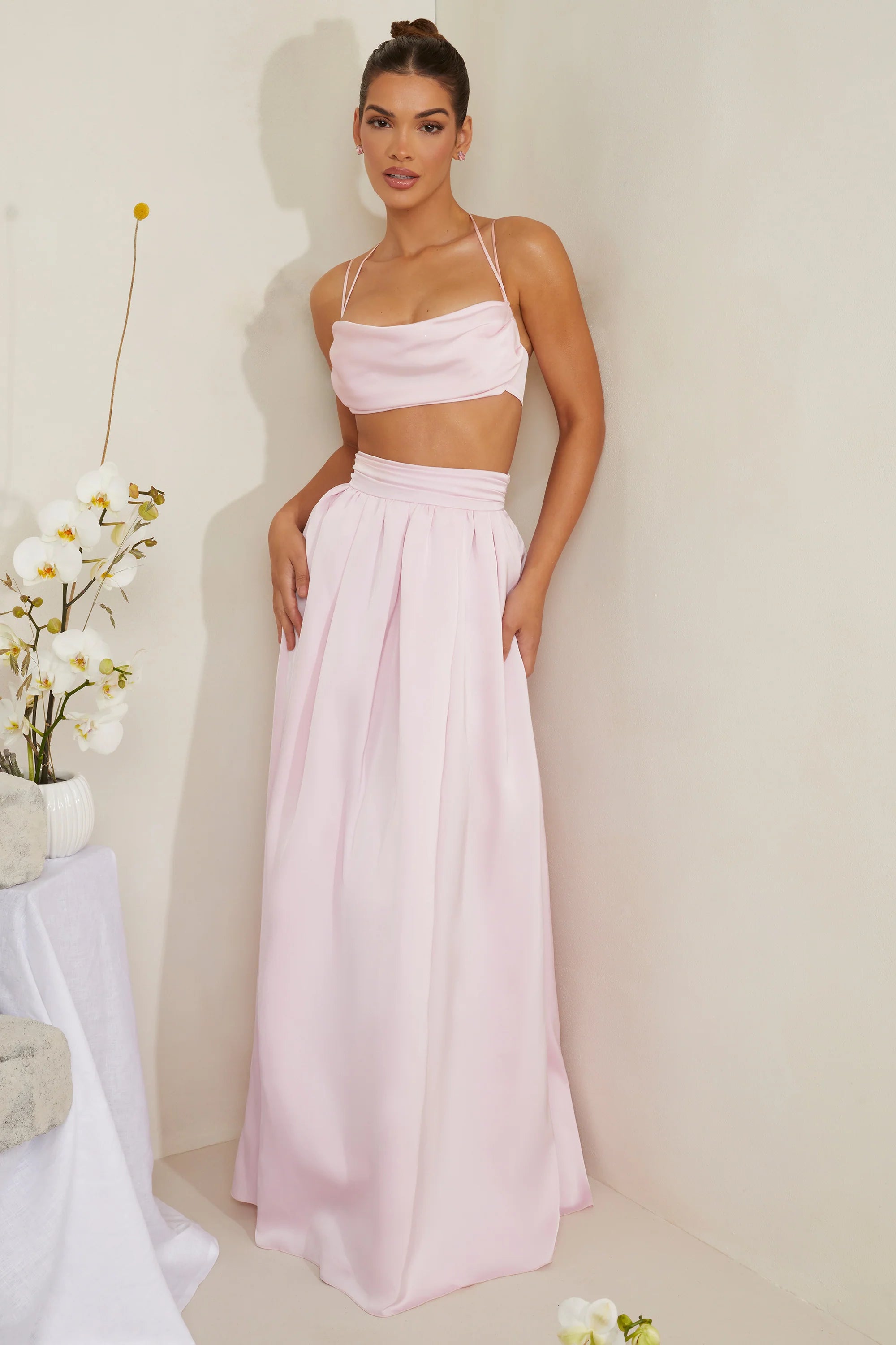 Cowl Neck Heavy Satin Crop Top in Pink