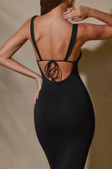 Straight Neck Low Back Maxi Dress in Black