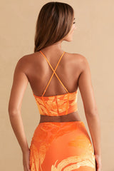 Ring Detail Halter Neck Crop Top in Orange Print