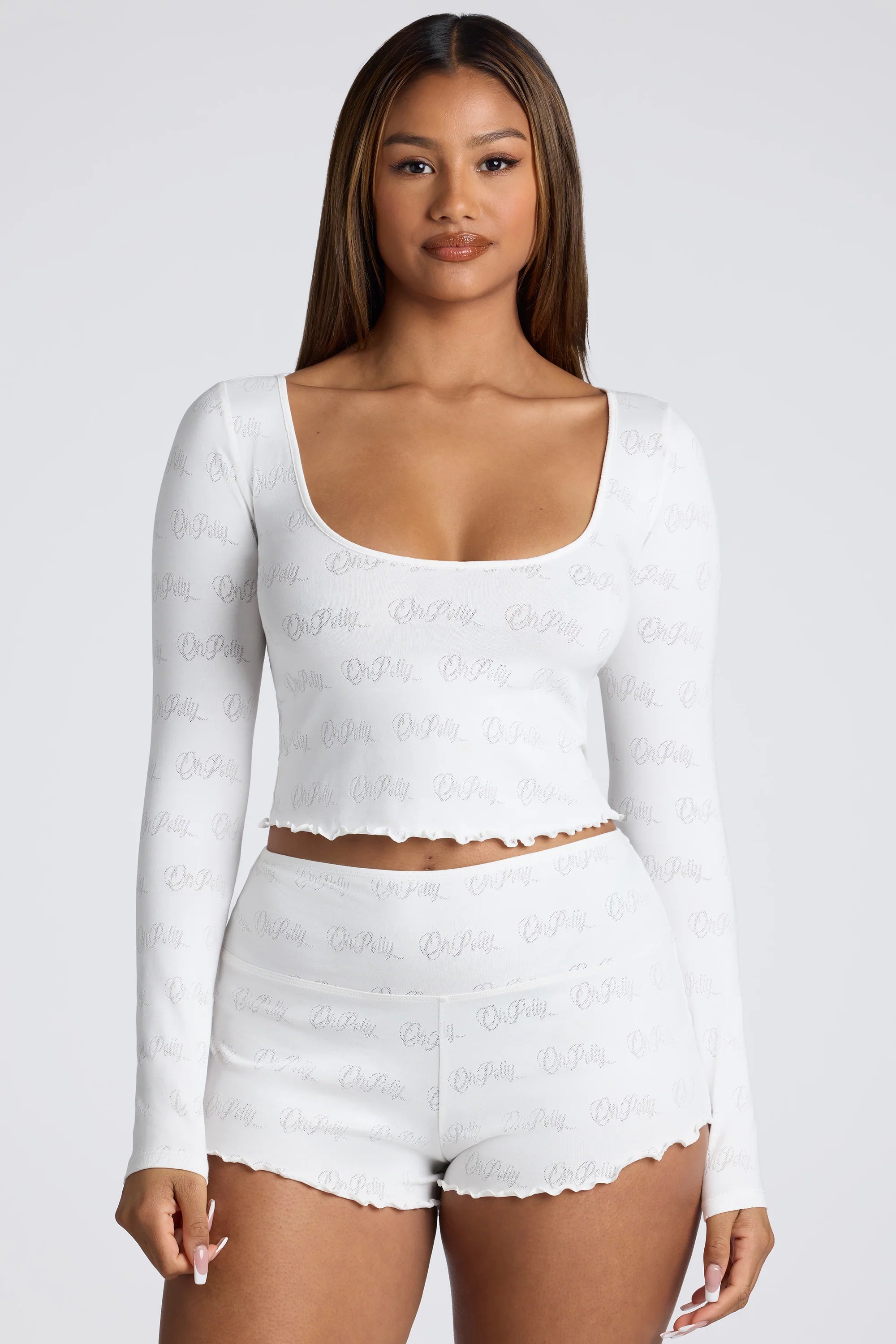 Long Sleeve Scoop Neck Pointelle Crop Top in White