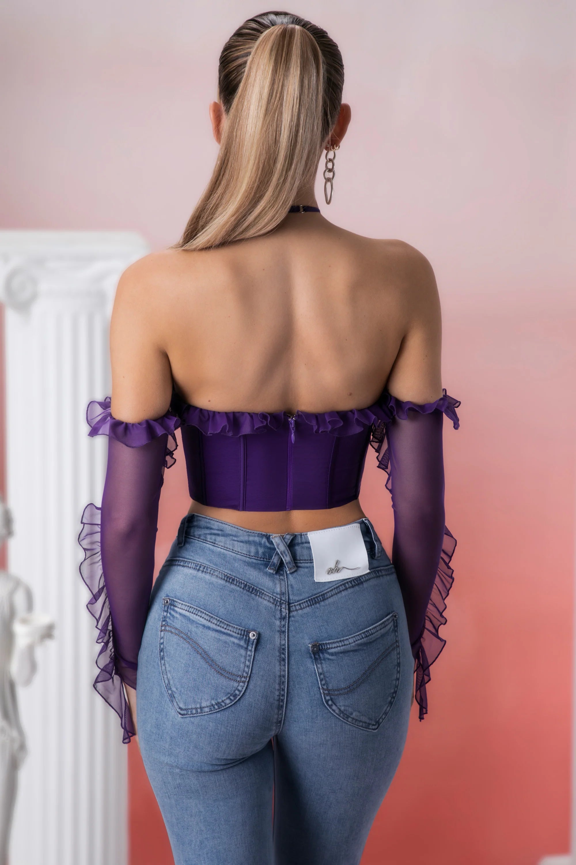 Frill Detail Cowl Neck Crop Top in Violet