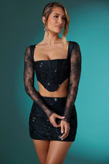 Long Sleeve Embellished Lace Corset Crop Top in Black