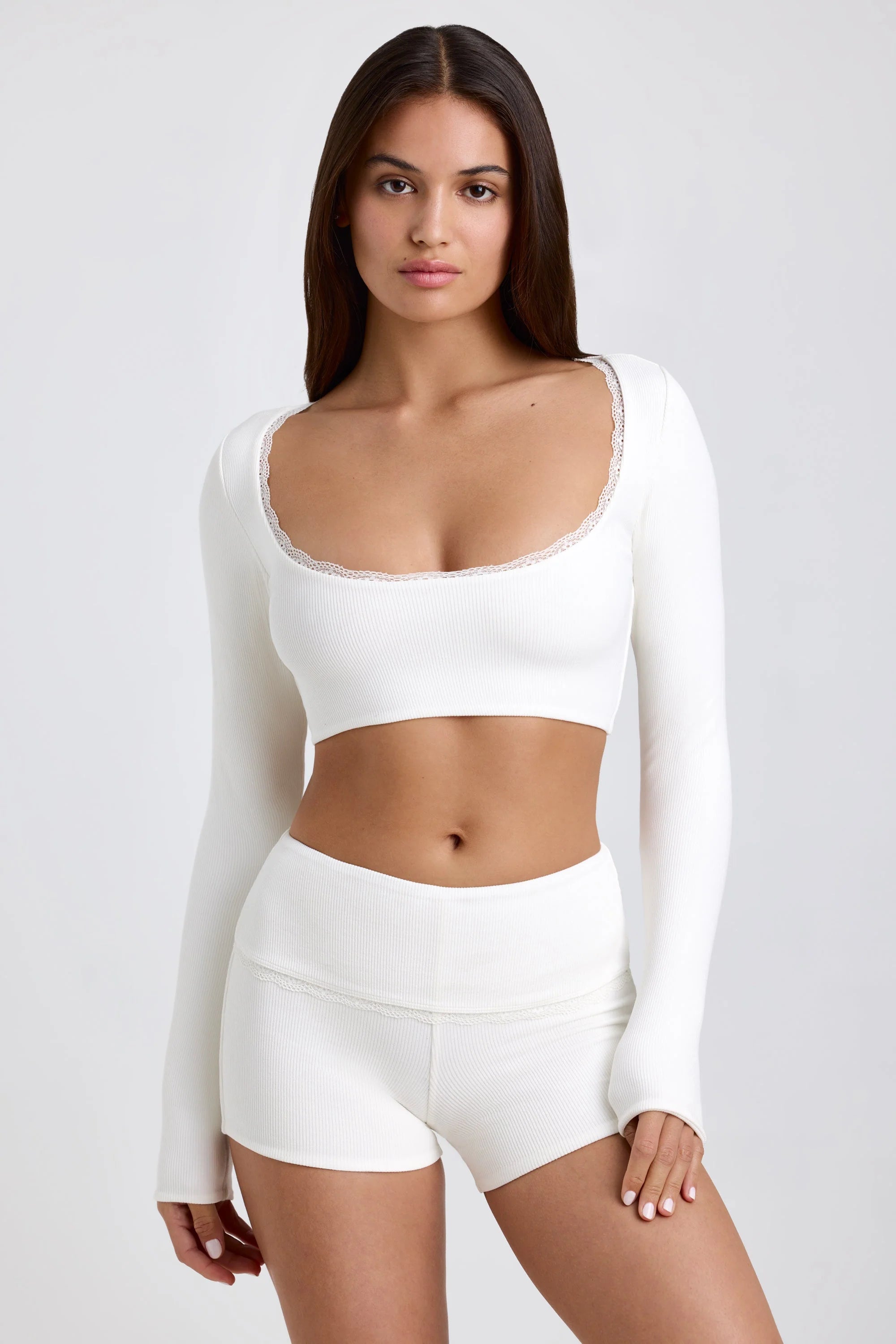 Ribbed Modal Lace-Trim Crop Top in White