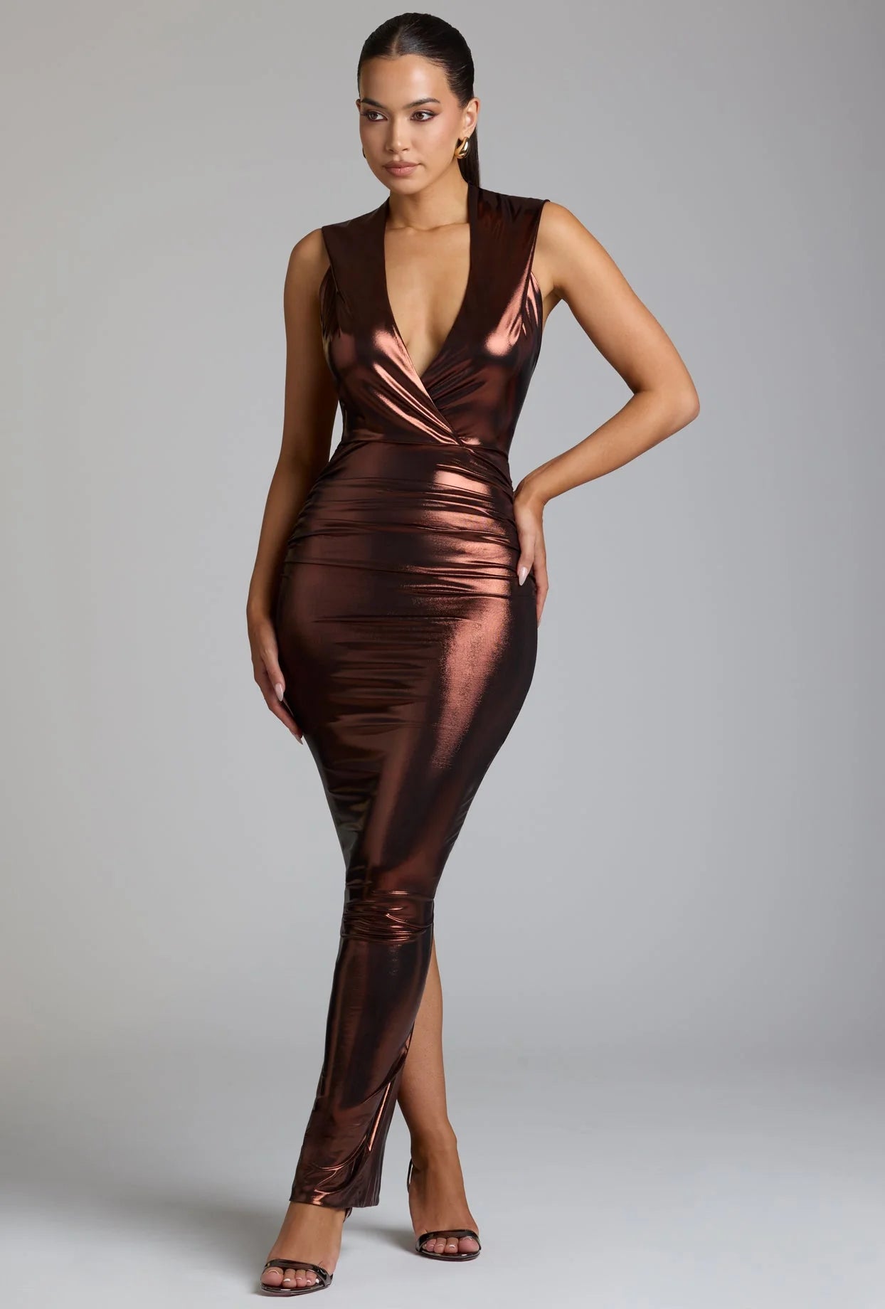 Hooded Metallic Jersey Evening Gown in Copper Bronze