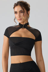 Mesh Cap Sleeve Cut Out Crop Top in Black