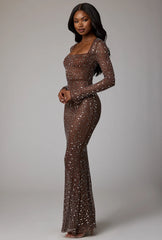 Sheer Embellished Long Sleeve Evening Gown in Deep Cocoa