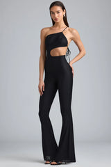 Metallic Ruched Cut-Out Flared Jumpsuit in Black